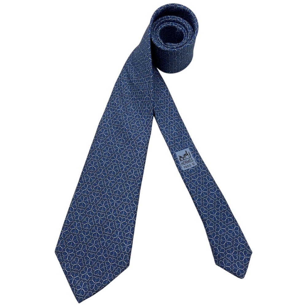 HERMÈS 7078 OA Blue Clover Chain Silk LUXURY Tie FRANCE